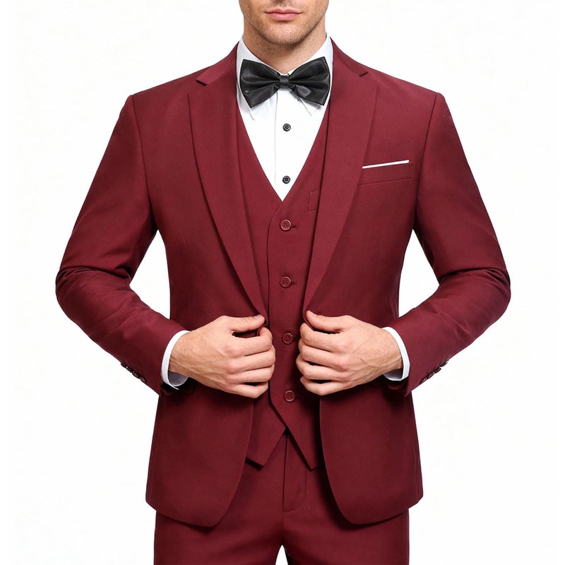 YFFUSHI Men's 3 Piece Suit Sets Slim Fit One Button Blazer with Vest & Pants, Professional Business Wedding Suits Red Wine - Image 1